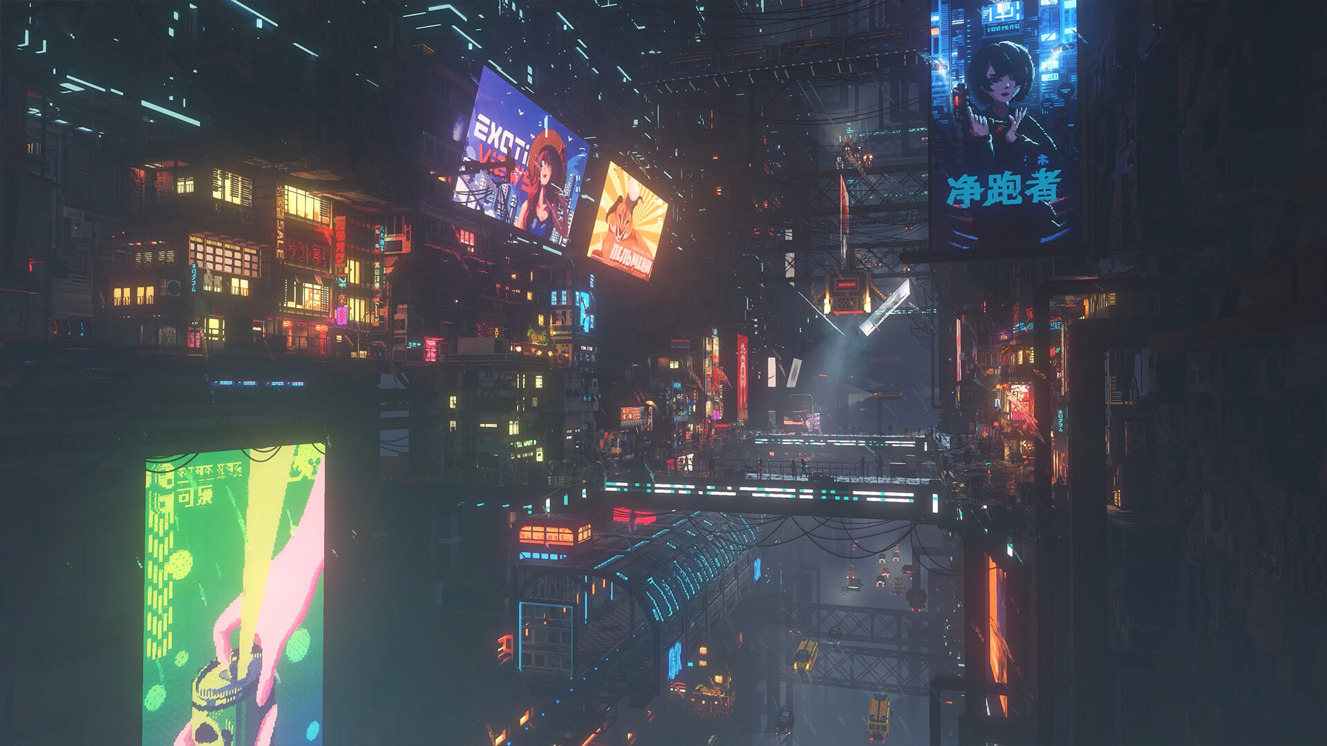 Nighttime multi-tier cityscape and overhead skybridges in Nivalis with glowing neon advertisements