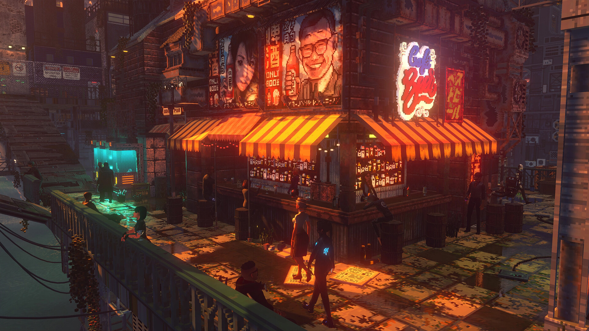 Outdoor waterside street bar and food stand in Nivalis showing the life simulation and business setting